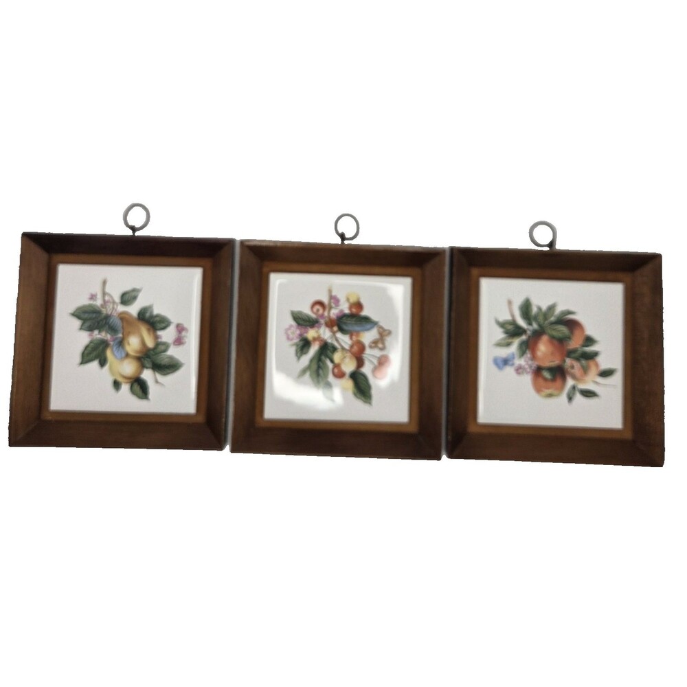 Vtg Napcoware 6.25"x6.25" Fruit Tile Wood Framed Wall Art Plaques Set of 3 Japan
